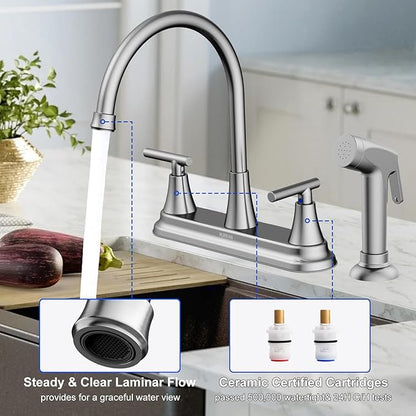 HURRAN 2-Handle Kitchen Faucet with Pull-Out Side Sprayer, 8 Inch High Arch Stainless Steel 360°Rotating Kitchen Sink Faucet, 4 Hole Faucet for Kitchen Bar Rv Camper, Nickel