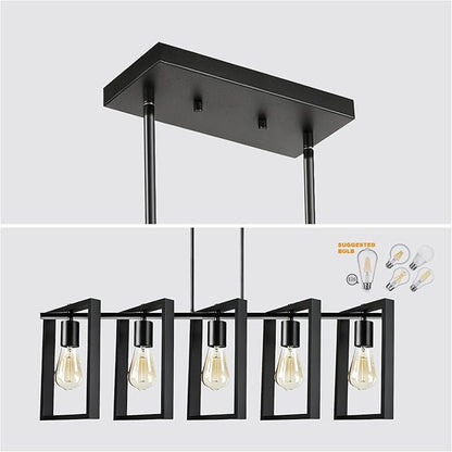 5-Light Island Lights for Kitchen, Rectangular Black Metal Kitchen Island Chandelier 41.3" Adjustable Rustic Modern Dining Room Light Fixtures Over Table, Chandeliers for Dining Room