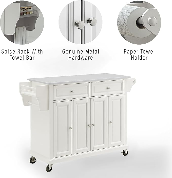 Crosley Furniture Full Size Stone Top Rolling Kitchen Island Storage Cart, Microwave Stand, Spice Rack, White