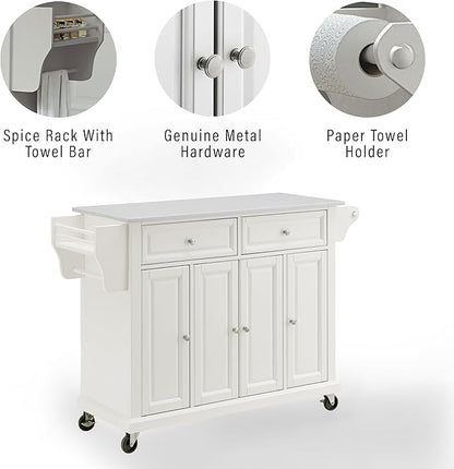 Crosley Furniture Full Size Stone Top Rolling Kitchen Island Storage Cart, Microwave Stand, Spice Rack, White