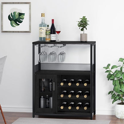 GAOMON Coffee Wine Bar Cabinet with Storage and Detachable Rack, Farmhouse Sideboard and Buffet Cabinet with Glass Holder and Mesh Door, Liquor Coffee Bar Cupboard, Black