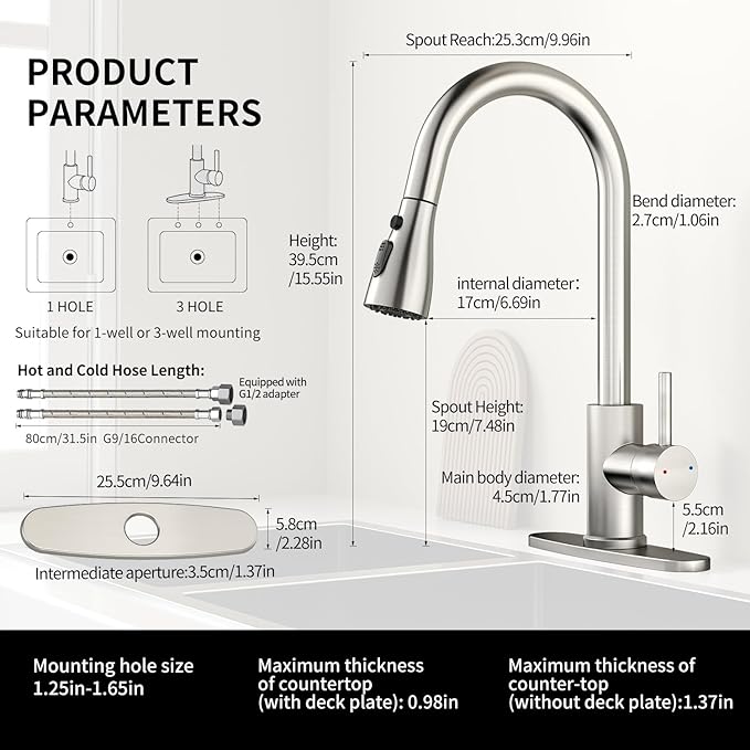 Kitchen Faucet with Pull Down Sprayer,Stainless Steel Single Handle Kitchen Faucet,1/3 Hole,Deck Plate Included，Suitable for farmhouses, Campers, Laundry Rooms, RVs, and Bars (Brushed Nickel)