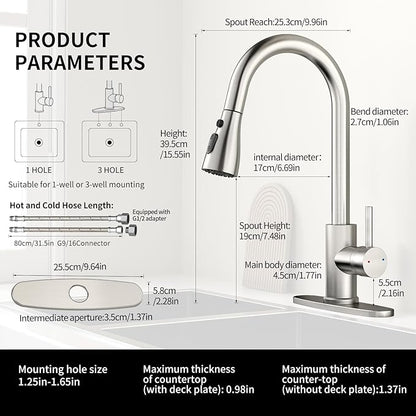 Kitchen Faucet with Pull Down Sprayer,Stainless Steel Single Handle Kitchen Faucet,1/3 Hole,Deck Plate Included，Suitable for farmhouses, Campers, Laundry Rooms, RVs, and Bars (Brushed Nickel)