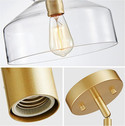 WUZUPS Chandelier Rustic Farmhouse Industrial Round Ceiling Pendant LED Light Fixture with Clear Glass Shades for Dining Room Kitchen Island Foyer Entryway, H 9.4" x W 10.6", E26 Base, Gold