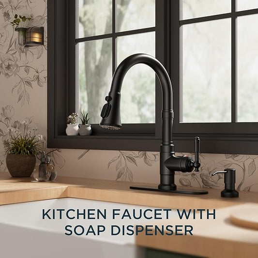 FORIOUS Vintage Kitchen Faucet with Soap Dispenser and Pull Down Sprayer, Matte Black High Arc Single Handle Stainless Steel Classic Sink Faucet for Farmhouse Camper Rv Bar, Fit for 1 or 3 Hole