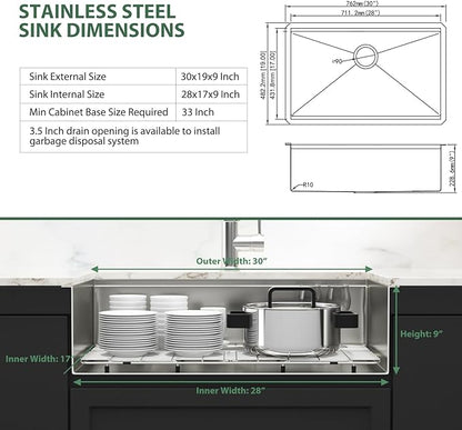 30 Inch Undermount Kitchen Sink Workstation - Couoko 30x19 Inch Undermount Single Bowl Workstation Sink 16 Gauge Stainless Steel Deep Handmade Under Counter Kitchen Sink with Accessories