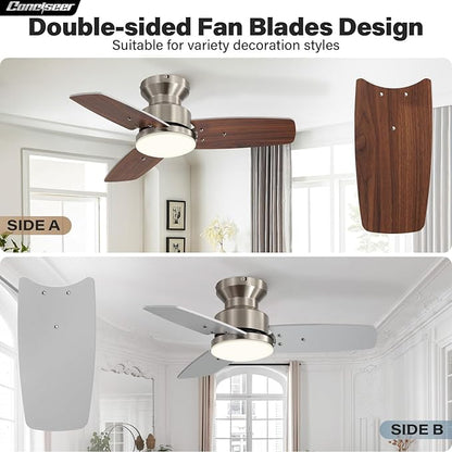 42 Inch Ceiling Fans with Lights and Remote, Bedroom Living Room Office, Flush Mount, 3CCT Dimmable, Dual Color 3 Blades 6 Speed Reversible Quiet DC Motor, Sand-Nickel/Wood Grain, 2 Pack
