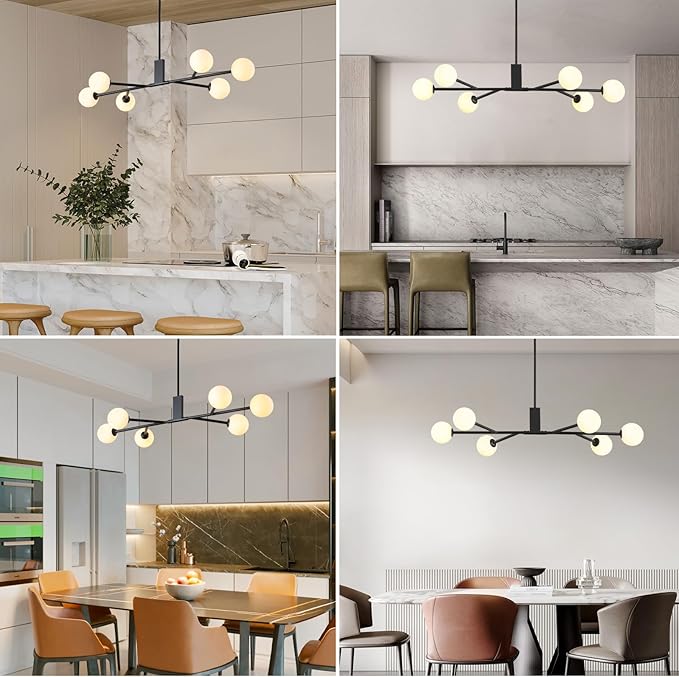 Modern Black Sputnik Island Light, 6-Light Glass Linear Chandelier for Dining Room, 46'' Ceiling Pendant Light Fixture with Globe Lampshade, Large Hanging Lamp Over Table, Bar, G9 Base