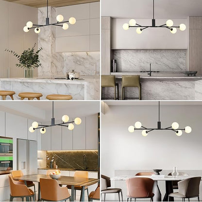 Modern Black Sputnik Island Light, 6-Light Glass Linear Chandelier for Dining Room, 46'' Ceiling Pendant Light Fixture with Globe Lampshade, Large Hanging Lamp Over Table, Bar, G9 Base