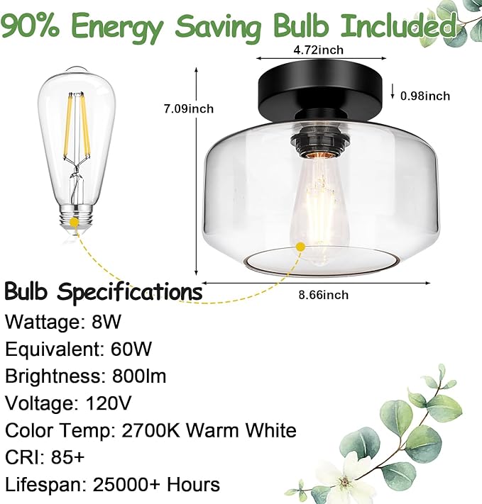 Industrial Semi Flush Mount Ceiling Light, 800 Lumen LED Bulb Included, Clear Glass Shade Ceiling Light Fixture, Farmhouse Light Fixture for Hallway Corridor Kitchen Bathroom Bedroom Passway