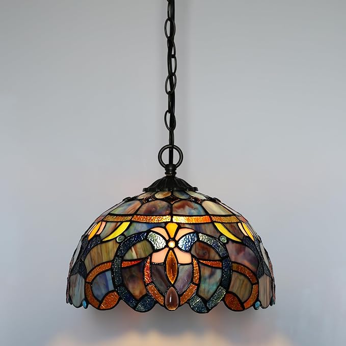Tiffany Pendant Light Plug-in Stained Glass Hanging Lamp 12”x12”x181” Blue Baroque Swag Light Decorative Vintage Lighting for Dining Room Living Room Kitchen Hallway Bedroom
