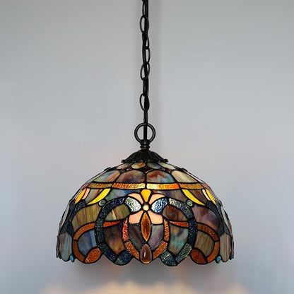 Tiffany Pendant Light Plug-in Stained Glass Hanging Lamp 12”x12”x181” Blue Baroque Swag Light Decorative Vintage Lighting for Dining Room Living Room Kitchen Hallway Bedroom