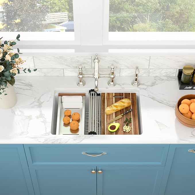 Sarlai 28 Granite Composite Kitchen Sink - 28 x 19 Inch Granite Undermount Kitchen Sink Ledge Workstation Under-Mount White Quartz Classic Single Bowl Sinks Under Counter Basin With Accessories