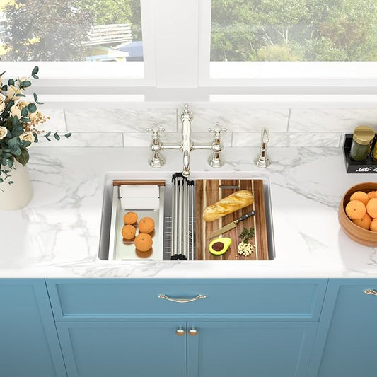 Sarlai 28 Granite Composite Kitchen Sink - 28 x 19 Inch Granite Undermount Kitchen Sink Ledge Workstation Under-Mount White Quartz Classic Single Bowl Sinks Under Counter Basin With Accessories