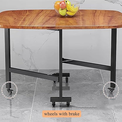 Folding Dining Table with Wheels, Solid Wood Folding Table Foldable Kitchen Table Space Saving Collapsible Table Kitchen Island Table