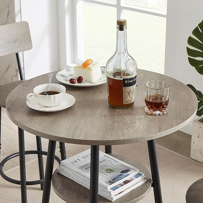 Round Bar Stool Table Set with Storage Shelf, Grey Upholstered Stools with Backrest, Comfortable PU Padded Seat, Bar Table and Chairs Set of 2, Supports 350 lbs Each