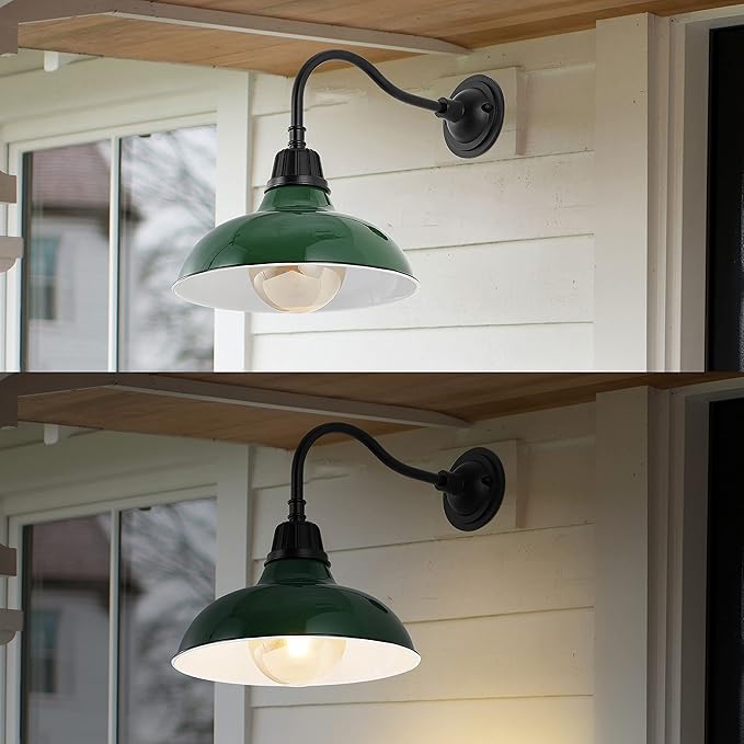 JONATHAN Y 12.25" Green/Black Farmhouse Industrial Outdoor Sconce, LED Gooseneck Wall Light for Porch, Metal Bowl Shade, Dimmable Vintage Exterior Fixture, LED Bulb Included (JYL7613F)