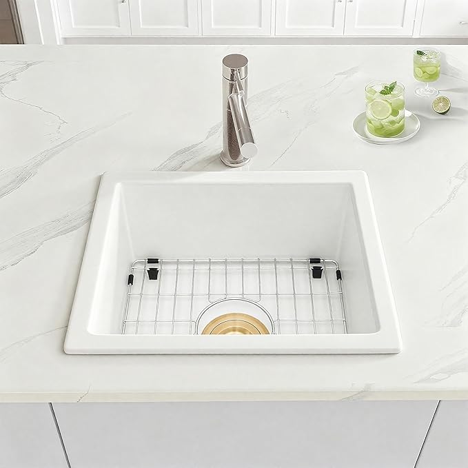 White Bar Sink Undermount,15 X 17 inch Small Composite Bar Sink,Granite Kitchen & Bar Sinks (White, 15" X 17")