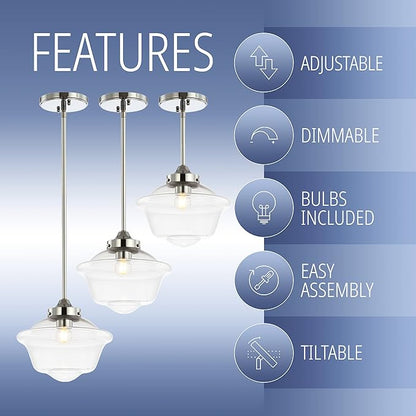 JONATHAN Y 9.5" Chrome Modern Schoolhouse LED Pendant Light Fixture, Adjustable Drop Metal Hanging Lamp with White Glass Shade for Kitchen Island, Dining Room, Foyer (JYL3517B)