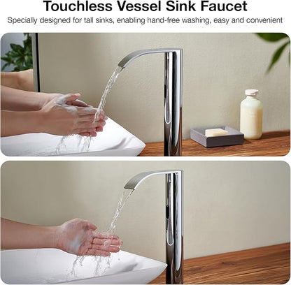 Charmingwater Touchless Bathroom Sink Faucet, Waterfall Vessel Bathroom Faucet with Automatic Sensor, Hands Free Sink Faucet, Tall Modern Lavatory Vanity Mixer Tap, Chrome