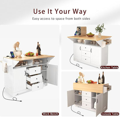 55.7'' Large kitchen Island with 2 Drop Leaf and Power Outlet, Rolling Kitchen Islands on Wheels with 3 Drawers and Storage Cabinet, Folding Dining Table with Spice & Towel Rack for Dining Room White