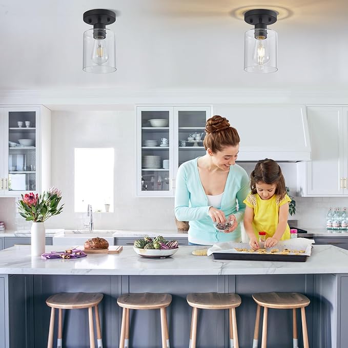 YYT Small Kitchen Ceiling Lights Black Hallway Light Fixtures Hallway Light Fixtures Ceiling Black 1-Light Semi Flush Mount Ceiling Light Single Light Fixture with Clear Glass Shade Pack of 3