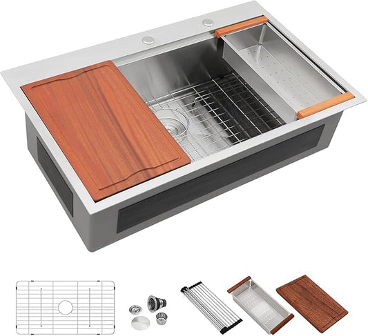Dcolora 28 In. Drop In Kitchen Sink Stainless Steel Single Bowl Workstation Sinks Topmount, Round Corner 28"x22"x10" #DC-T7744