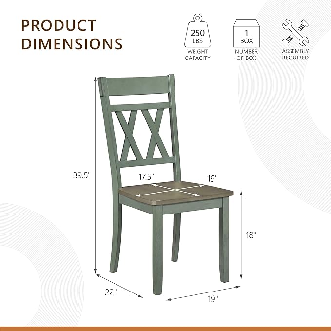 Lexicon Farmhouse Wood Dining Chair, Set of 2, Double Cross Back, Rustic Armless Chairs, Kitchen and Dining Room Furniture, Two-Tone Finish (Greywash and Antique Teal)
