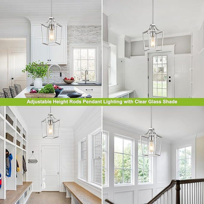 Brushed Nickel Lantern Pendant Light Fixture Pendant Lights for Kitchen Island with Clear Glass Shade, Adjustable Height Rods Pendant Lighting for Dining Room Kitchen Foyer Hallway