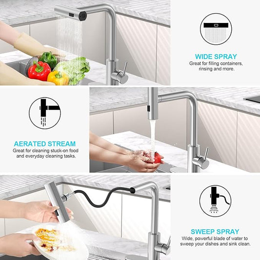 AVSIILE Brushed Nickel Kitchen Faucets with Pull Down Sprayer & Soap Dispenser, Single Hole & Handle, Pull Out Tap, Waterfall Stainless Steel Sink Faucet for Farmhouse Camper Laundry Rv Bar