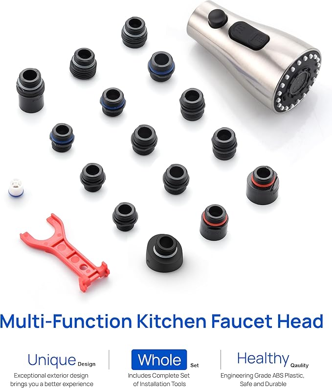 J-HVA Pull Down Kitchen Faucet Sprayer Head Replacement Part with 15 Adapters, 3 Function Pull Out Sink Sprayer Replacement Nozzle, Kitchen Faucet Head Hose Spray Tap Spout, Brushed Nickel
