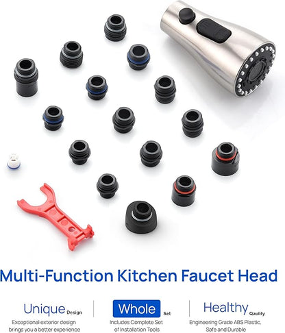 J-HVA Pull Down Kitchen Faucet Sprayer Head Replacement Part with 15 Adapters, 3 Function Pull Out Sink Sprayer Replacement Nozzle, Kitchen Faucet Head Hose Spray Tap Spout, Brushed Nickel