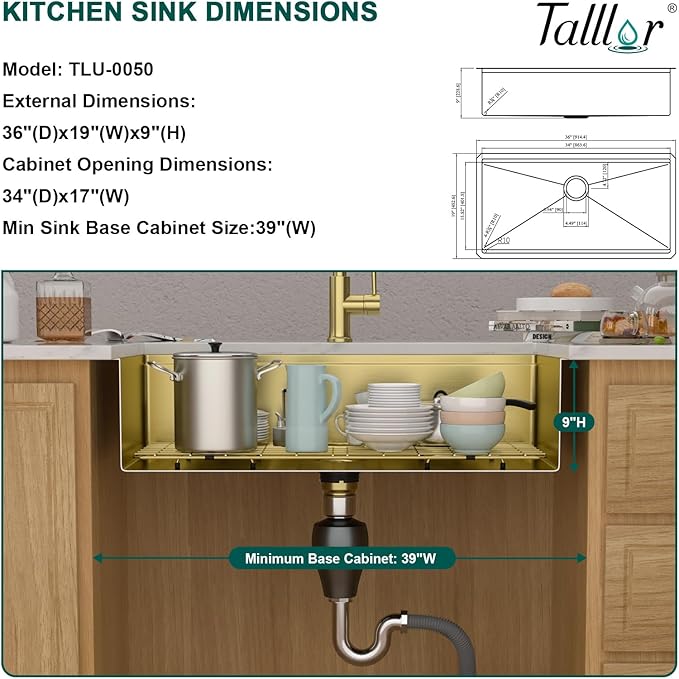 36 Gold Undermount Kitchen Sink - Workstation All-In One 16 Gauge Stainless Steel Single Bowl Handmade Large Sink for Kitchen with Mixing Board and Pasta Strainer #TLU-0050