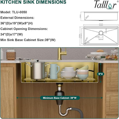 36 Gold Undermount Kitchen Sink - Workstation All-In One 16 Gauge Stainless Steel Single Bowl Handmade Large Sink for Kitchen with Mixing Board and Pasta Strainer #TLU-0050