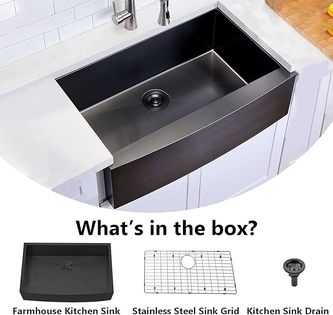 Comllen Commercial 33 inch 304 Stainless Steel Farmhouse Sink, Single Bowl Kitchen Sinks 16 Gauge 9 Inch Deep Handmade Undermount Farm Apron Front Kitchen Sink, Gunmetal Black