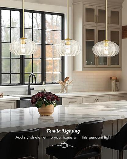 FEMILA Pendant Light for Kitchen Island, 10.3" Brushed Gold Pendant Lighting, Dome Glass Pendant Light Vintage Light Fixtures for Bedroom Hotel Dining Room, 4FYD85MIL BG