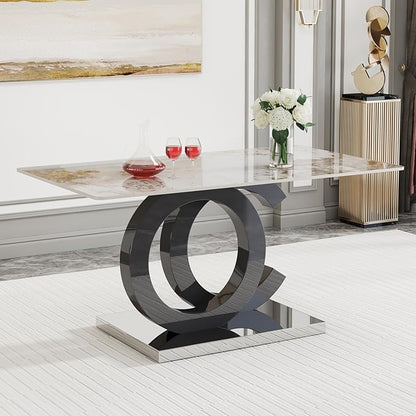 Ebullient 63" Marble Dining Table, Modern Rectangular Glass Kitchen Table, PDLB Marble Top with Black OC Design Base，Dining Room Tables for 4-6，Dinner Table