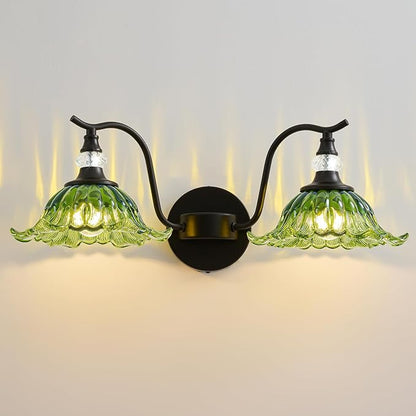 Vintage Bathroom Vanity Light Fixtures - 2 Light Antique Matte Black Bathroom Lights Fixture Over Mirror with Green Flower Glass,Retro High End Wall-Mounted Vanity Lighting for Bath Powder Room