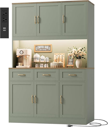 HOSTACK 72" Tall Kitchen Pantry Cabinet with Charing Station | LED Lights, 47" W Kitchen Pantry Storage Cabinet with Countertop, Modern Kitchens Hutch Cabinets with Storage for Dining Room, Green