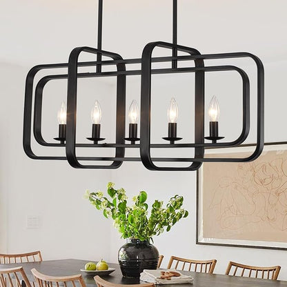 TOULMJ 5-Light Dining Room Light Fixture, 31.5" Black Farmhouse Kitchen Island Lighting Modern Linear Chandeliers for Dining Room Kitchen Island with Adjustable Rods