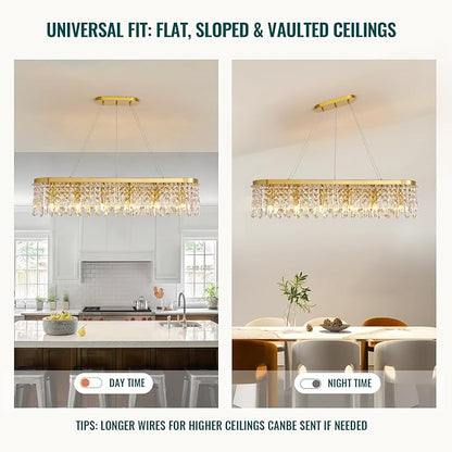 Siljoy Modern Crystal Chandelier for Dining Room, 12-Light Luxury Rectangle K9 Crystal Raindrop Chandelier, Dimmable Oval Crystal Pendant Ceiling Light for Living Room Kitchen Island L47 Inch