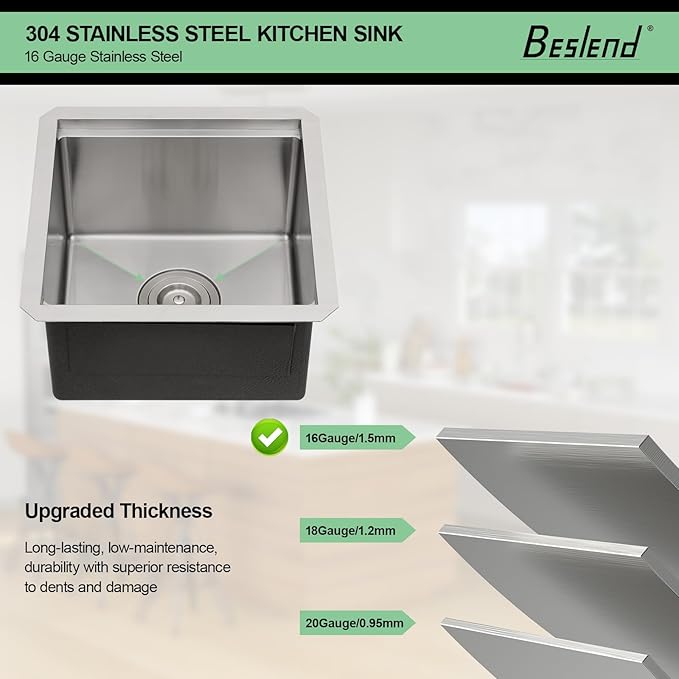 15 Undermount Kitchen Sink - Beslend 15x15 Inch Under Counter Sinks Stainless Steel Ledge Workstation Bar Prep Sink 16 Gauge Single Bowl