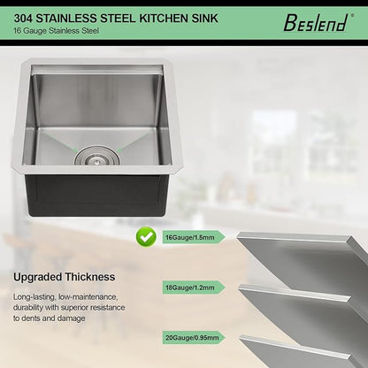 15 Undermount Kitchen Sink - Beslend 15x15 Inch Under Counter Sinks Stainless Steel Ledge Workstation Bar Prep Sink 16 Gauge Single Bowl