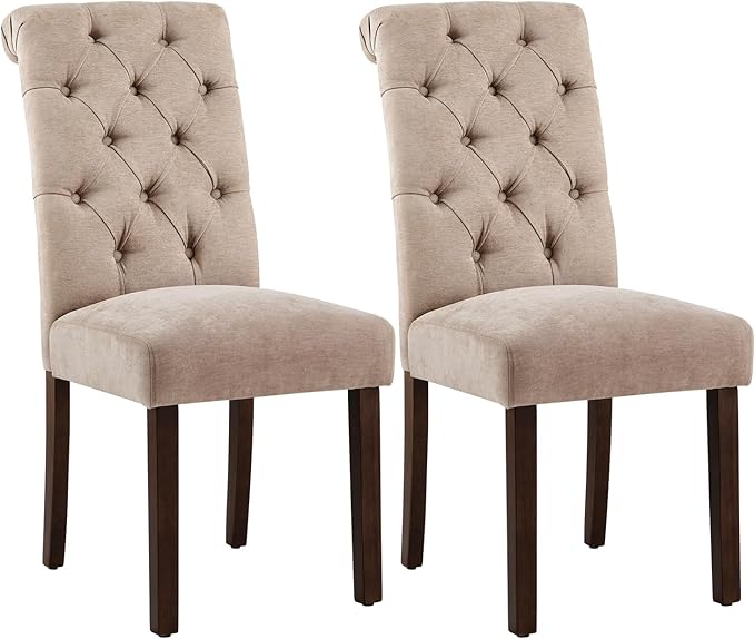 Tufted Dining Chairs Set of 2, Upholstered Parsons Dining Room Chairs, Fabric Kitchen Side Chair with Wood Legs, Taupe