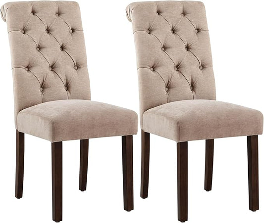 Tufted Dining Chairs Set of 2, Upholstered Parsons Dining Room Chairs, Fabric Kitchen Side Chair with Wood Legs, Taupe