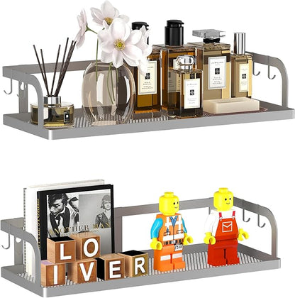 PUSDON 2-Pack Wide Hollowout Shower Caddy & Spice Rack, Wall Mount Bathroom Organizer with Mesh Bottom, Easy Access Cabinet Door Shelf Holds 50LBS - Silver Gray, Hollowout