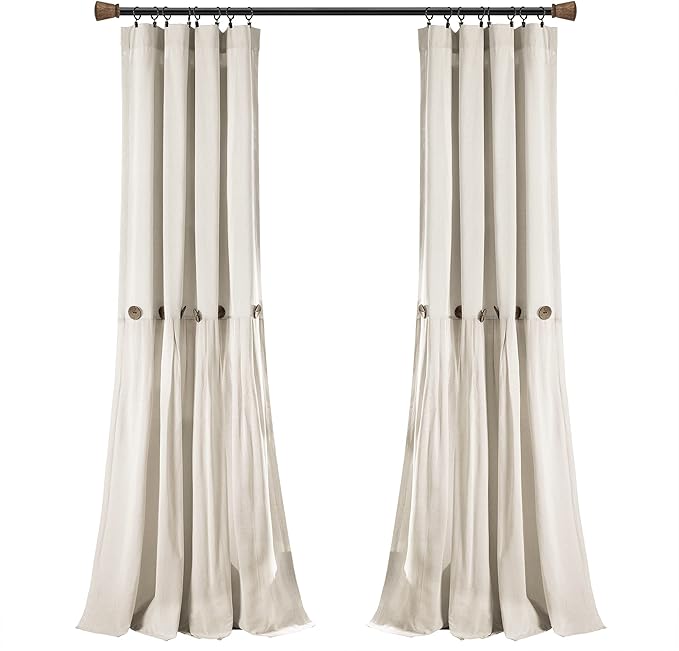 Lush Decor Linen Button Window Curtain Panel, Single, 40" W x 108" L, Off White- Country Curtains - Color Block Modern Farmhouse Curtains For Living Room, Bedroom & Dining Room