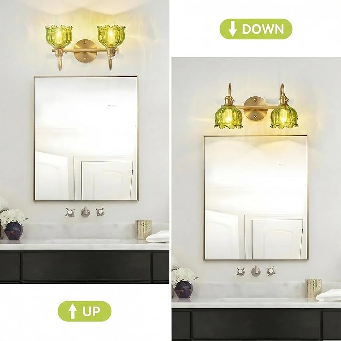 2-Light Vintage Bathroom Light Fixtures, 14.5" Hardwired Vanity Lights with Green Tulip Glass Shades, Brushed Gold Antique Wall Lights for Mirror Restroom Bedroom Living Room(Bulbs Not Included)