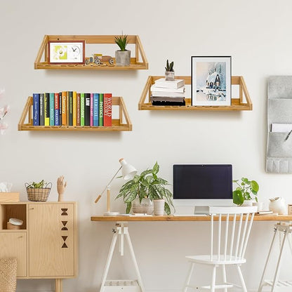 Floating Shelves Wall Mounted, 3 Pcs Solid Bamboo Wall Hanging Rack Holder, Wall Storage Shelves for Bedroom, Living Room, Bathroom, Kitchen, Office Decor