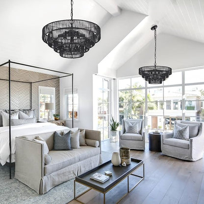 20” Hand-Woven Rattan Chandelier 6-Lights Transitional Minimalist 4 Round Boho Large Pendant Light for Kitchen Island Dining Room Living Room Hallway, Matte Black, UL Listed